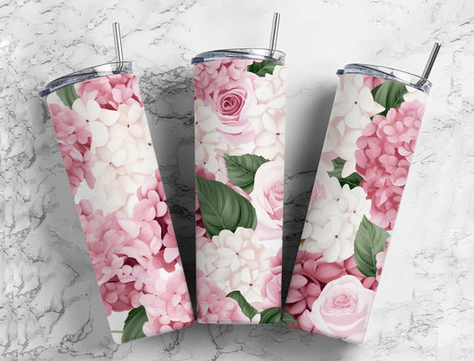 Pink hydrangea 20oz Sublimation Tumbler Designs, Pastel floral 9.2 x 8.3” Straight Skinny Tumbler Wrap PNG