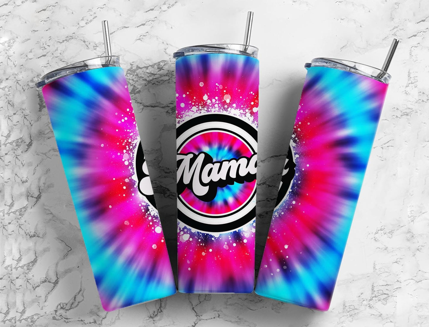 Tie Dye Mama 20oz Sublimation Tumbler Designs, Retro Pink Blue 9.2 x 8.3” Straight Skinny Tumbler Wrap PNG, Sublimation Design PNG