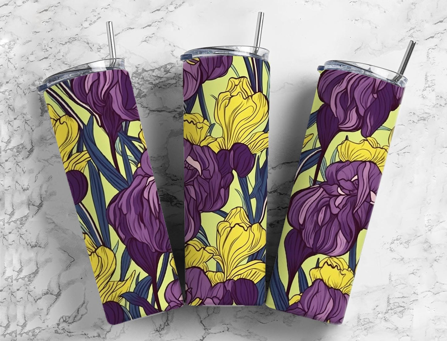 Colorful floral 20oz Sublimation Tumbler Designs, Purple and yellow botanical 9.2 x 8.3” Straight Skinny Tumbler Wrap PNG