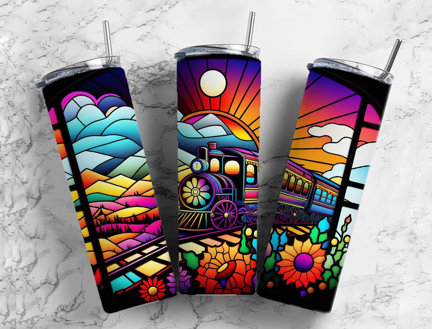 Stained glass train 20oz Sublimation Tumbler Designs, Rainbow neon 9.2 x 8.3” Straight Skinny Tumbler Wrap