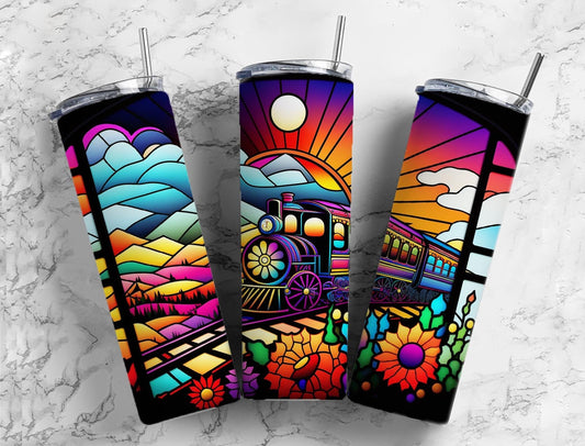 Stained glass train 20oz Sublimation Tumbler Designs, Rainbow neon 9.2 x 8.3” Straight Skinny Tumbler Wrap