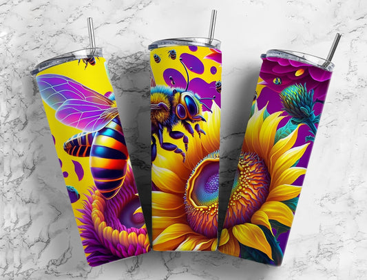 Bumblebee floral 20oz Sublimation Tumbler Designs, Colorful sunflower 9.2 x 8.3” Straight Skinny Tumbler Wrap PNG (1)