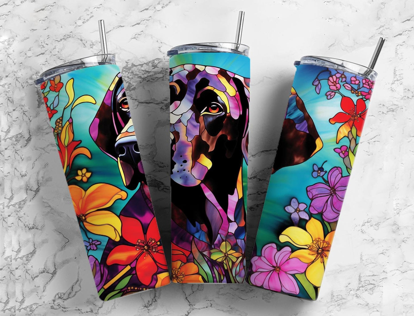 Rainbow dog 20oz Sublimation Tumbler Designs, Colorful floral 9.2 x 8.3” Straight Skinny Tumbler Wrap PNG