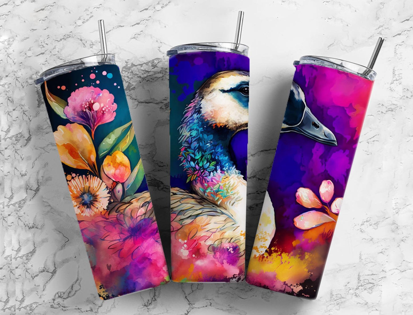 Alcohol ink goose 20oz Sublimation Tumbler Designs, Rainbow floral 9.2 x 8.3” Straight Skinny Tumbler Wrap PNG