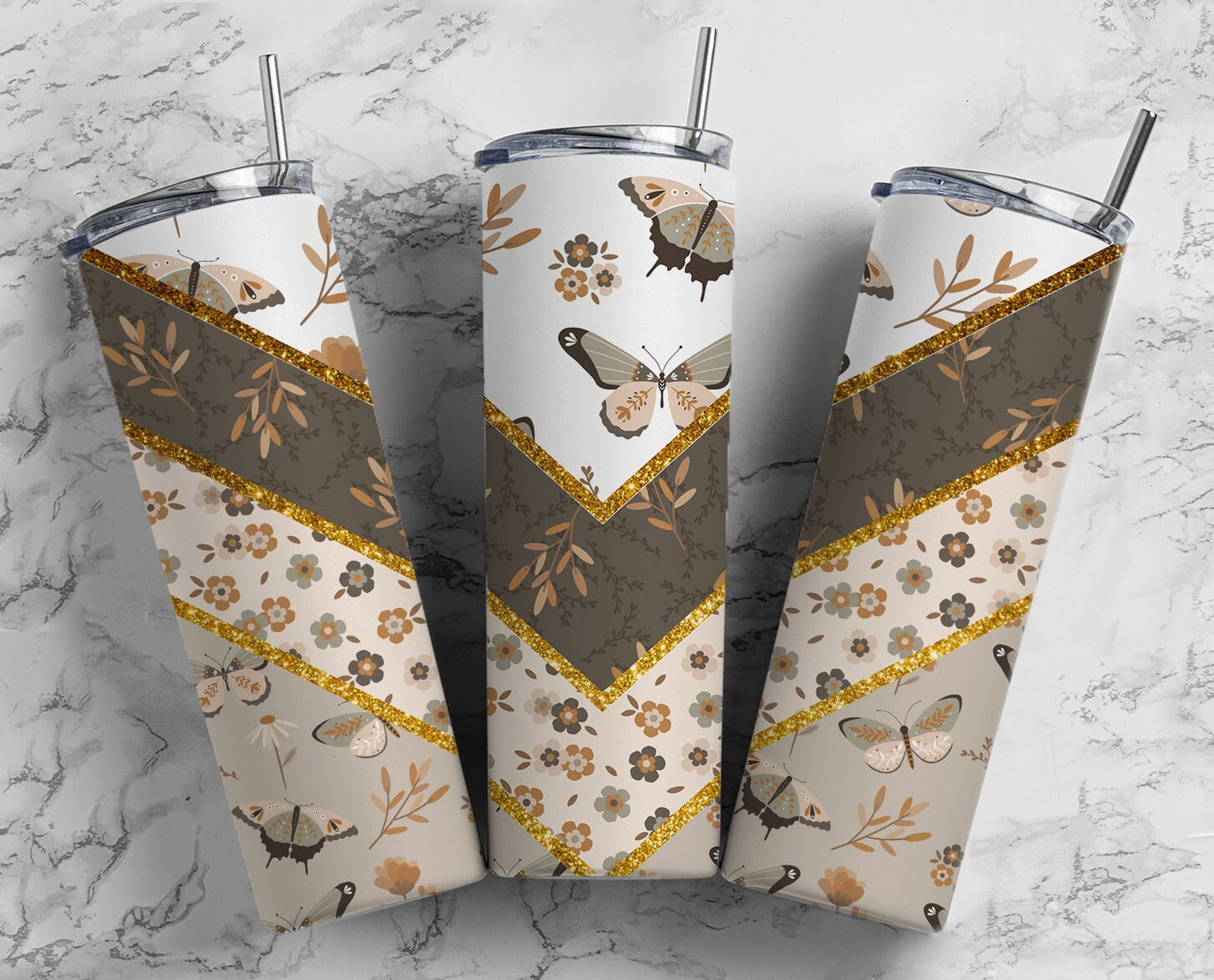 Aesthetic Flower Boho Butterfly 20oz Sublimation Tumbler Designs, Floral Gold Glitter V Split 9.2 x 8.3” Straight Skinny Tumbler Wrap PNG 62