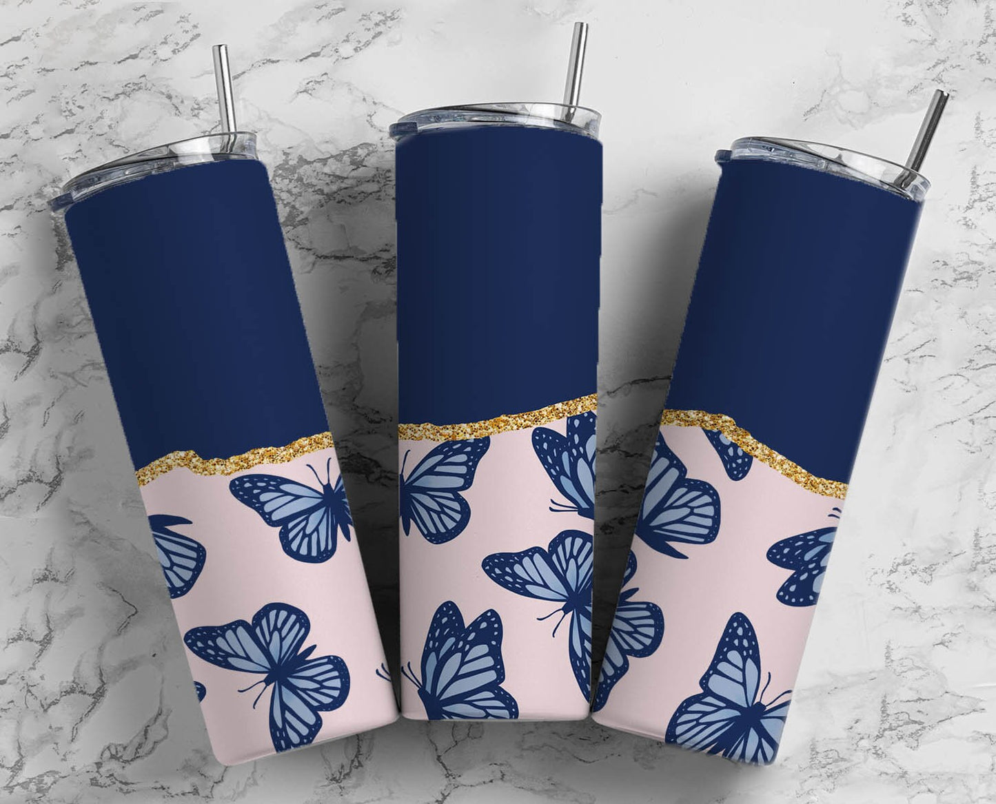 Butterfly Flower 20oz Sublimation Tumbler Designs, AestheticFloral 9.2 x 8.3” Straight Skinny Tumbler Wrap PNG, Gold Agate 79