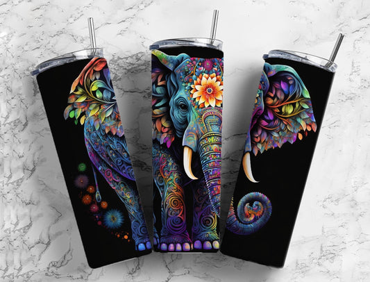 Rainbow Elephant 20oz Sublimation Tumbler Designs, Neon floral 9.2 x 8.3” Straight Skinny Tumbler Wrap PNG