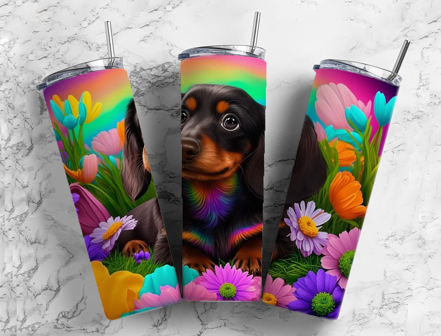 Dachshund Dog 20oz Sublimation Tumbler Designs, Colorful Neon Rainbow 9.2 x 8.3” Straight Skinny Tumbler, Tumbler Wrap PNG