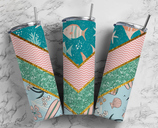 Sealife 20oz Sublimation Tumbler Designs, V Plit Beach 9.2 x 8.3” Straight Skinny Tumbler Wrap PNG 79