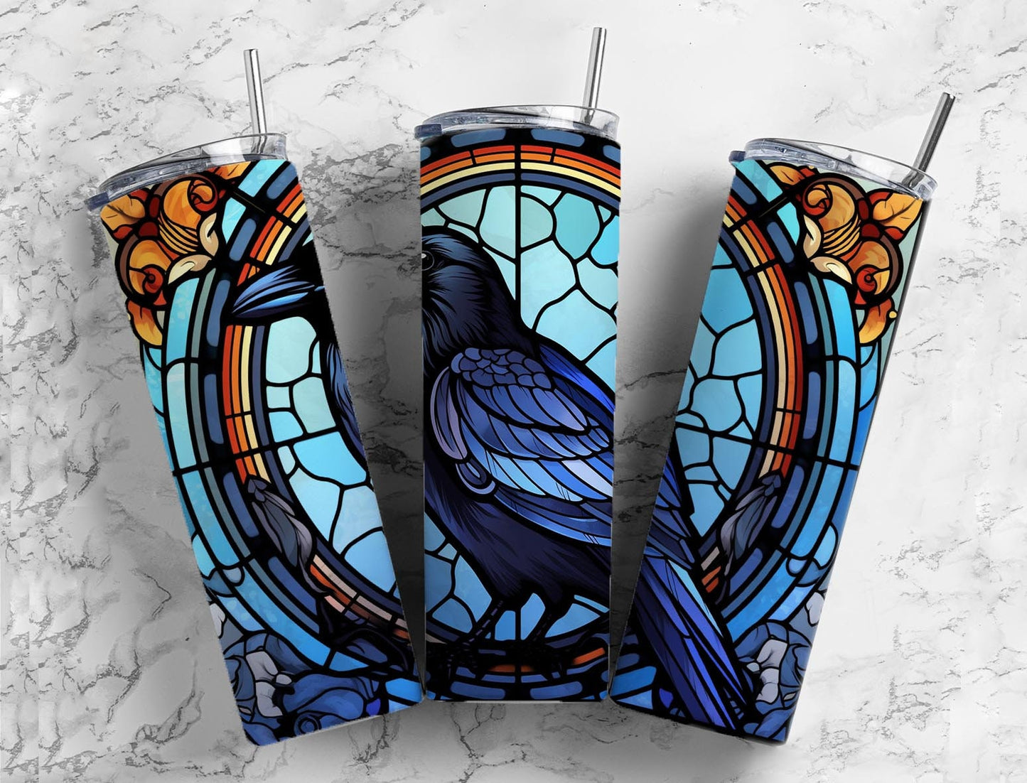 Stained glass window 20oz Sublimation Tumbler Designs, Crow 9.2 x 8.3” Straight Skinny Tumbler Wrap PNG