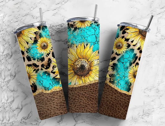 Sunflower Leather Turquoise 20oz Sublimation Tumbler Designs, Teal and Leopard Country Western 9.2 x 8.3” Straight Skinny Tumbler Wrap PNG