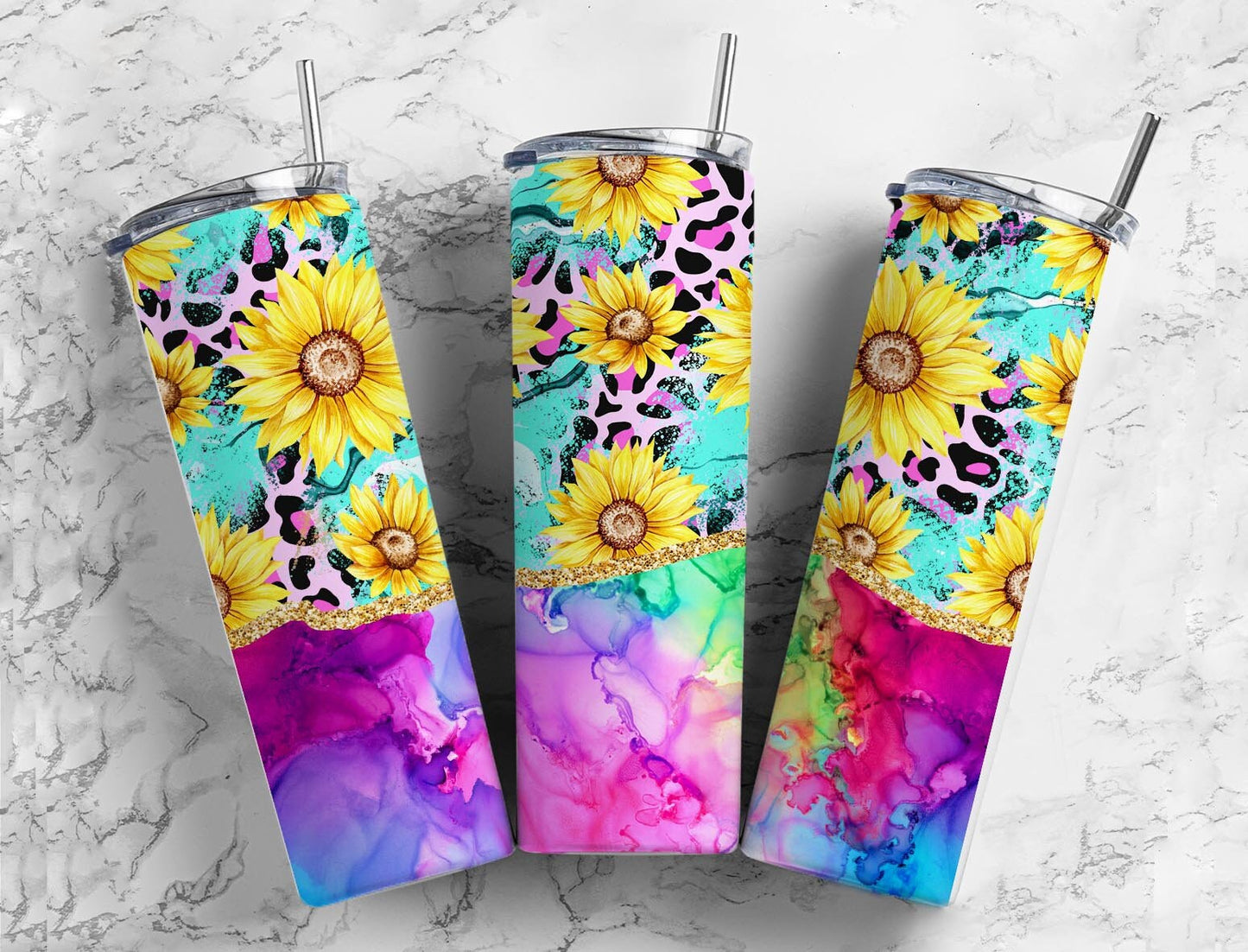 Rainbow Turquoise Stone 20oz Sublimation Tumbler Designs, Agate Glitter Sunflower 9.2 x 8.3” Straight Skinny Tumbler, PNG