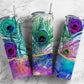 Colorful peacock feather 20oz Sublimation Tumbler Designs Rainbow watercolor9.2 x 8.3” Straight Skinny Tumbler Wrap PNG