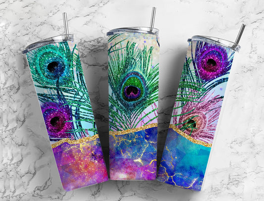 Colorful peacock feather 20oz Sublimation Tumbler Designs Rainbow watercolor9.2 x 8.3” Straight Skinny Tumbler Wrap PNG