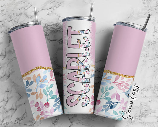 Pink Blue Flower Tumbler Wrap with Matching Doodle Letter Alphabet PNG, Floral Aesthetic Add your Own name 20oz Tumbler, Alpha Set PNG 127