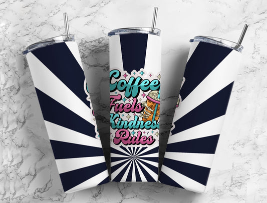 Coffee fuels Kindness rules 20oz Sublimation Tumbler Designs, Retro Skellie 9.2 x 8.3” Straight Skinny Tumbler Wrap PNG