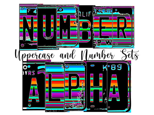 Serape Number Plate Alphabet Uppercase Numbers PNG, Orange and Pink Alphabet PNG Digital Download