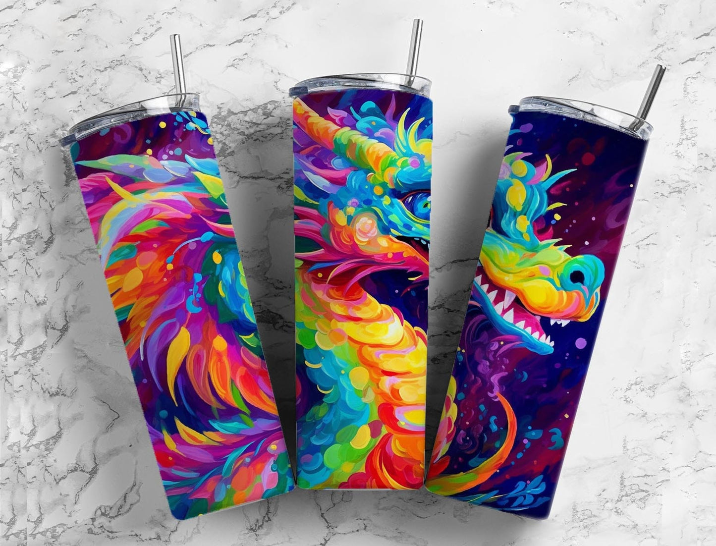 Rainbow colorful 20oz Sublimation Tumbler Designs, cartoon dragon 9.2 x 8.3” Straight Skinny Tumbler Wrap PNG