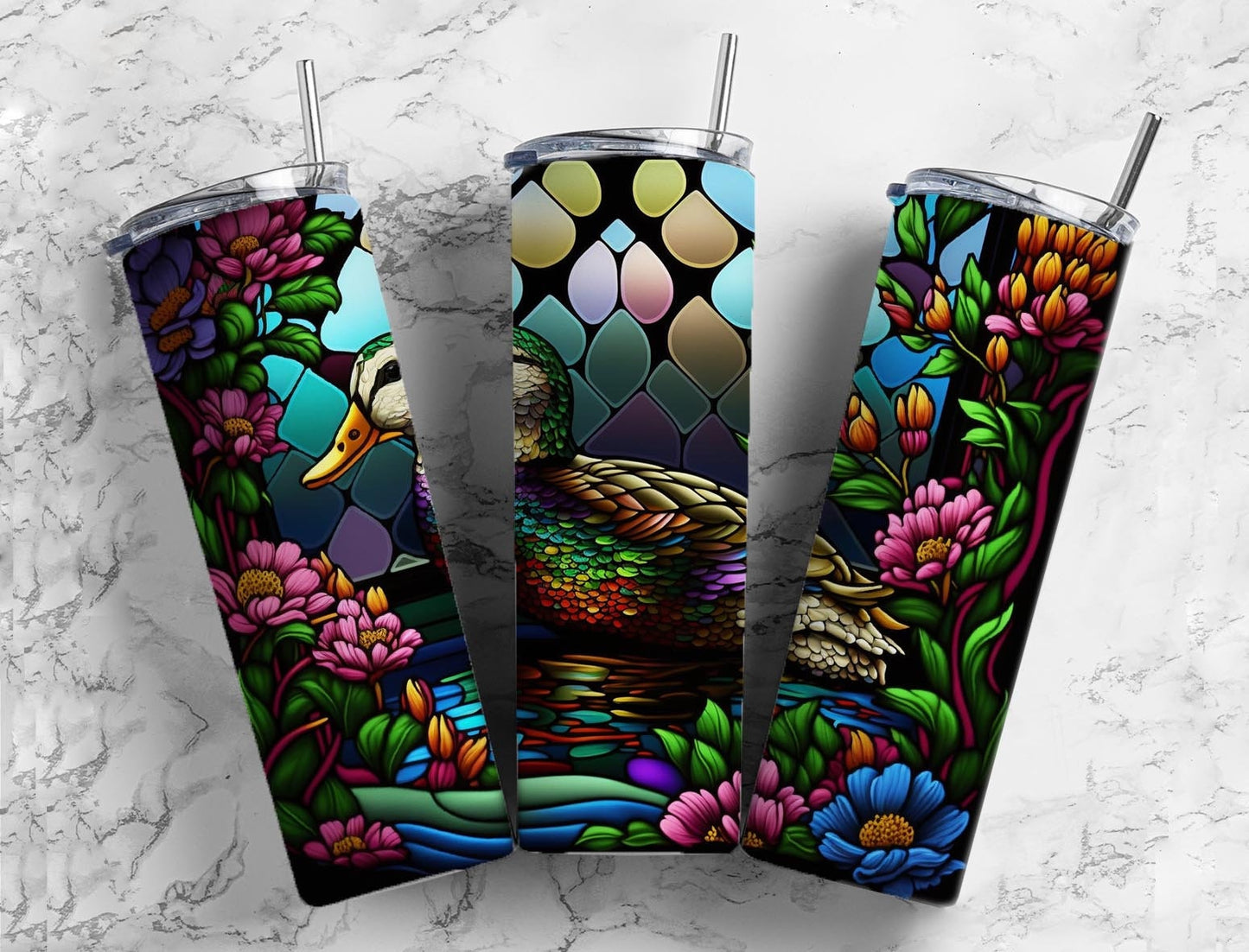 Duck stained glass 20oz Sublimation Tumbler Designs, colorful floral 9.2 x 8.3” Straight Skinny Tumbler Wrap