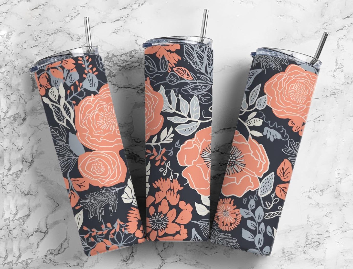 Black and orange floral 20oz Sublimation Tumbler Designs, Botanical 9.2 x 8.3” Straight Skinny Tumbler Wrap PNG