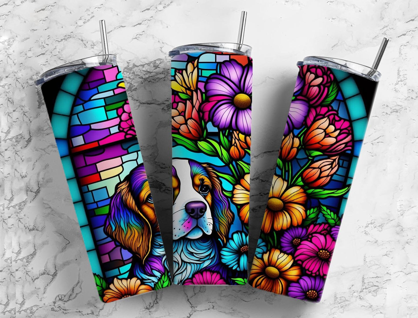 Stained glass dog 20oz Sublimation Tumbler Designs, rainbow neon 9.2 x 8.3” Straight Skinny Tumbler Wrap