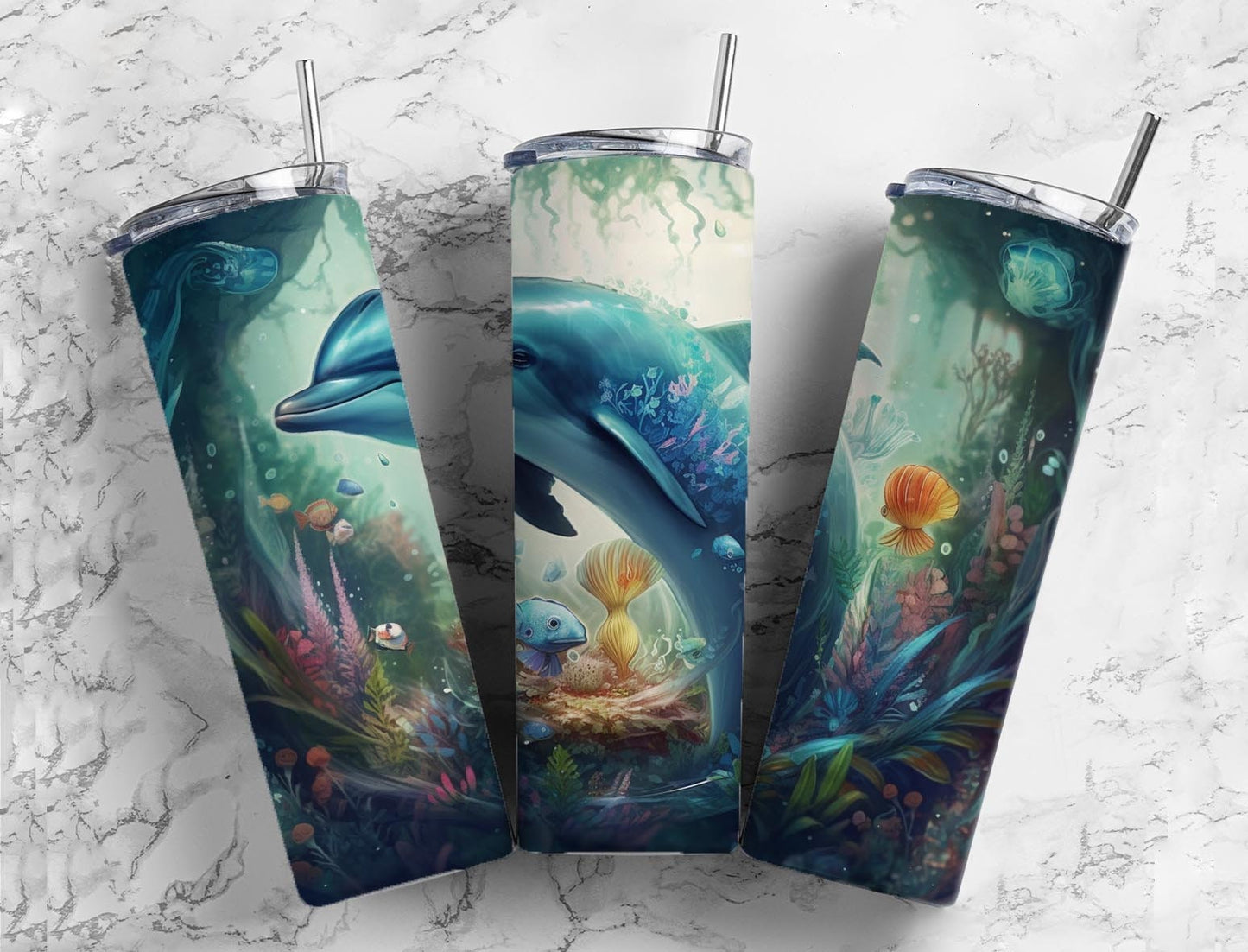 Blue dolphin 20oz Sublimation Tumbler Designs, Mushroom forest 9.2 x 8.3” Straight Skinny Tumbler Wrap PNG