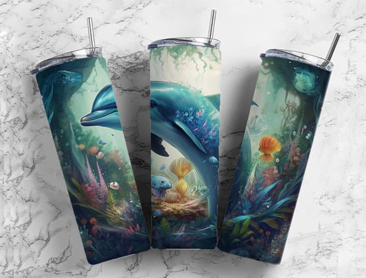 Blue dolphin 20oz Sublimation Tumbler Designs, Mushroom forest 9.2 x 8.3” Straight Skinny Tumbler Wrap PNG