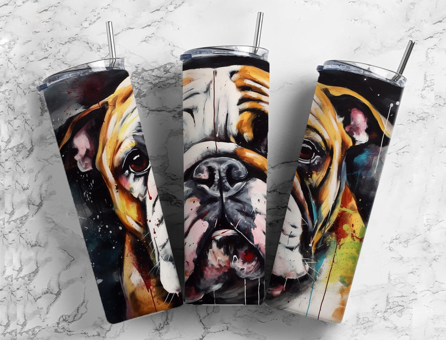 Bulldog face 20oz Sublimation Tumbler Designs, Paint splatter 9.2 x 8.3” Straight Skinny Tumbler Wrap PNG