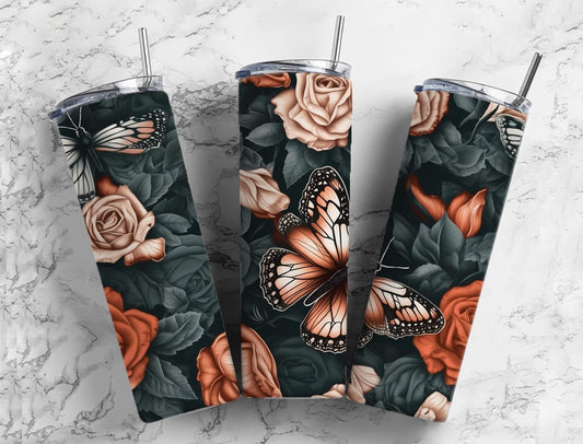 floral butterfly 20oz Sublimation Tumbler Designs, orange roses 9.2 x 8.3” Straight Skinny Tumbler Wrap PNG