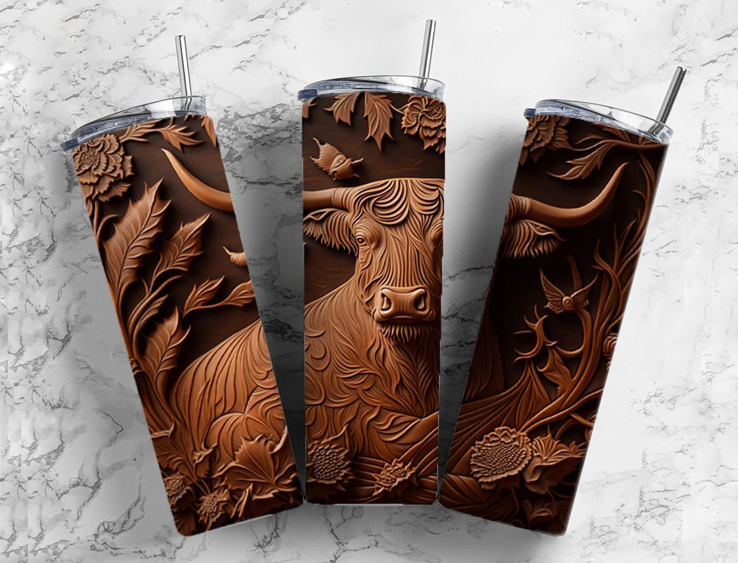 Tooled leather highland cow 20oz Sublimation Tumbler Designs, Engraved leather 9.2 x 8.3” Straight Skinny Tumbler Wrap PNG