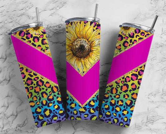 Sunflower Leopard Print 20oz Sublimation Tumbler Designs, Bright Fluro V Split 9.2 x 8.3” Straight Skinny Tumbler Wrap PNG 11