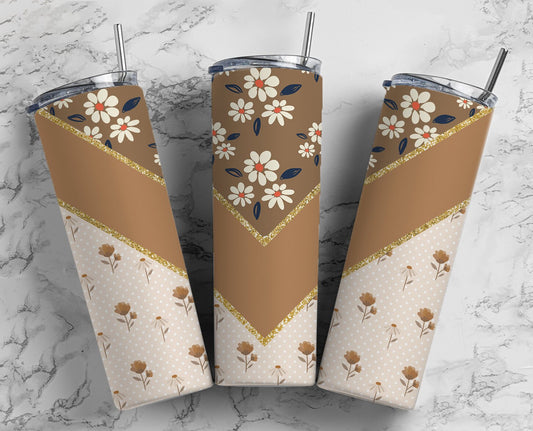 Aesthetic Floral 20oz Sublimation Tumbler Designs, Retro Brown Beige V Split 9.2 x 8.3” Straight Skinny Tumbler Wrap PNG 28