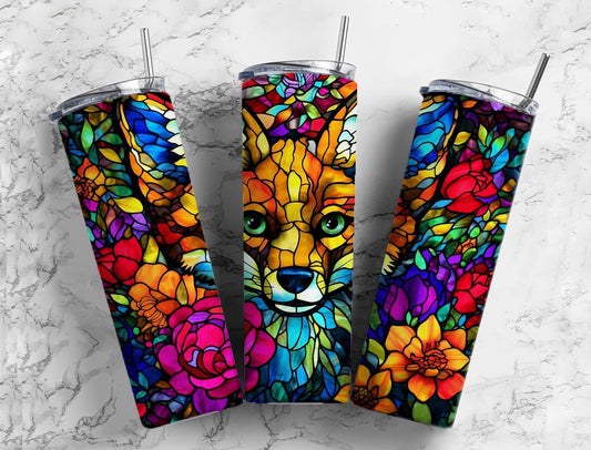 Stained glass fox 20oz Sublimation Tumbler Designs, Rainbow floral 9.2 x 8.3” Straight Skinny Tumbler Wrap PNG