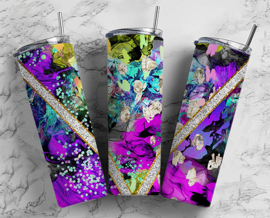 Purple Paint Pour 20oz Sublimation Tumbler Designs, Neon Glitter 9.2 x 8.3” Straight Skinny Tumbler Wrap, Purple Aesthetic Tumbler