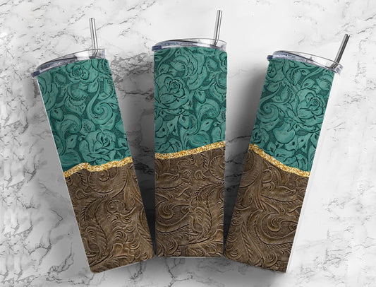 Teal Tooled Leather 20oz Sublimation Tumbler Designs, Country Western 9.2 x 8.3” Straight Skinny Tumbler Wrap PNG