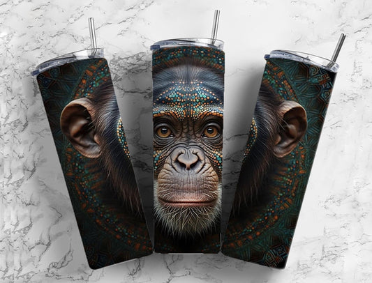 Chimpanzee face 20oz Sublimation Tumbler Designs, Patterned background 9.2 x 8.3” Straight Skinny Tumbler Wrap PNG