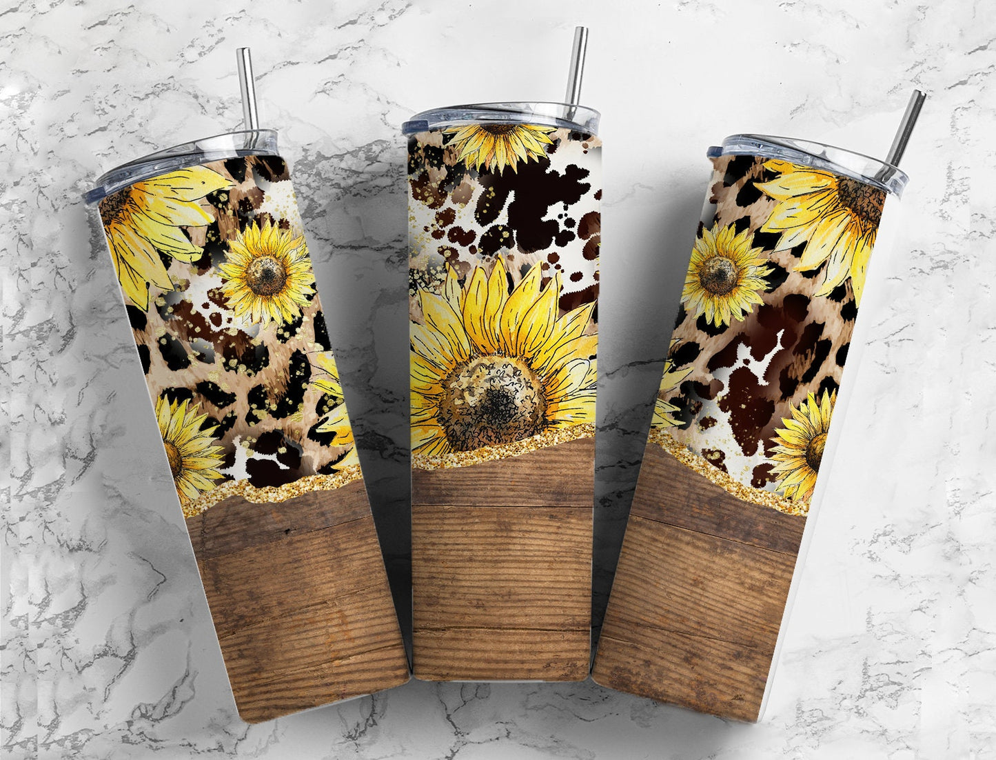 Sunflower Leopard 20oz Sublimation Tumbler Designs, Wood Country Western 9.2 x 8.3” Straight Skinny Tumbler Wrap PNG22