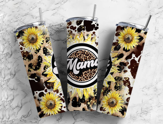 Cowhide Leopard Print 20oz Sublimation Tumbler Designs, Sunflower Mama 9.2 x 8.3” Straight Skinny Tumbler Wrap PNG, Sublimation Design PNG