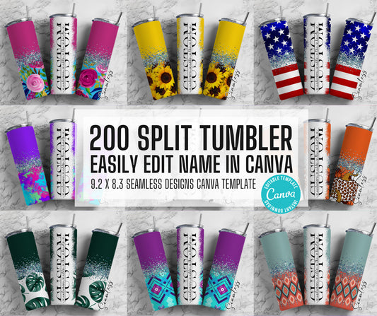 Mega Bundle Split 200 Editable Canva Tumbler Templates, Add Your Own Name, Canva Template, 9.2x8.3 Seamless Tumbler Wrap Designs