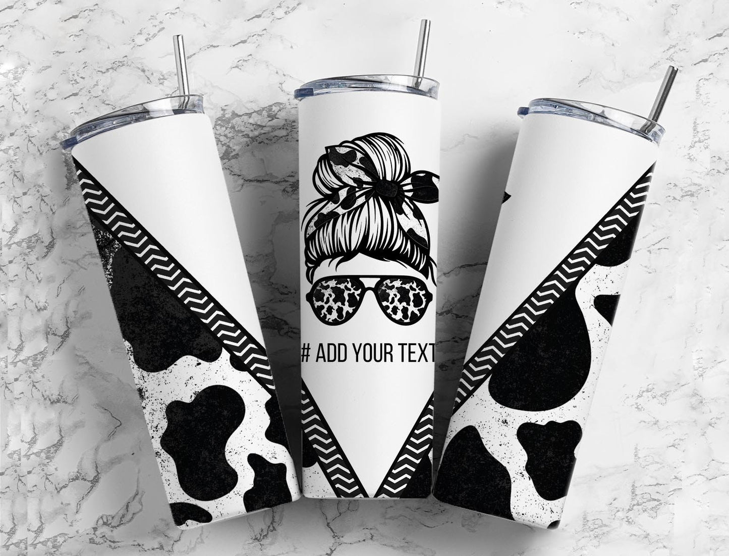 Cow Hide 20oz Sublimation Tumbler Designs, Messy Bun V Split 9.2 x 8.3” Straight Skinny Tumbler Wrap, Mom Life PNG, Cow Print 8