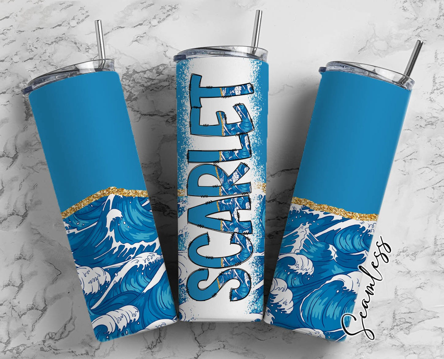 Beach Wave Tumbler Wrap with Matching Doodle Letter Alphabet PNG, Blue Aesthetic Add your Own name 20oz Tumbler, Alpha Set PNG 92