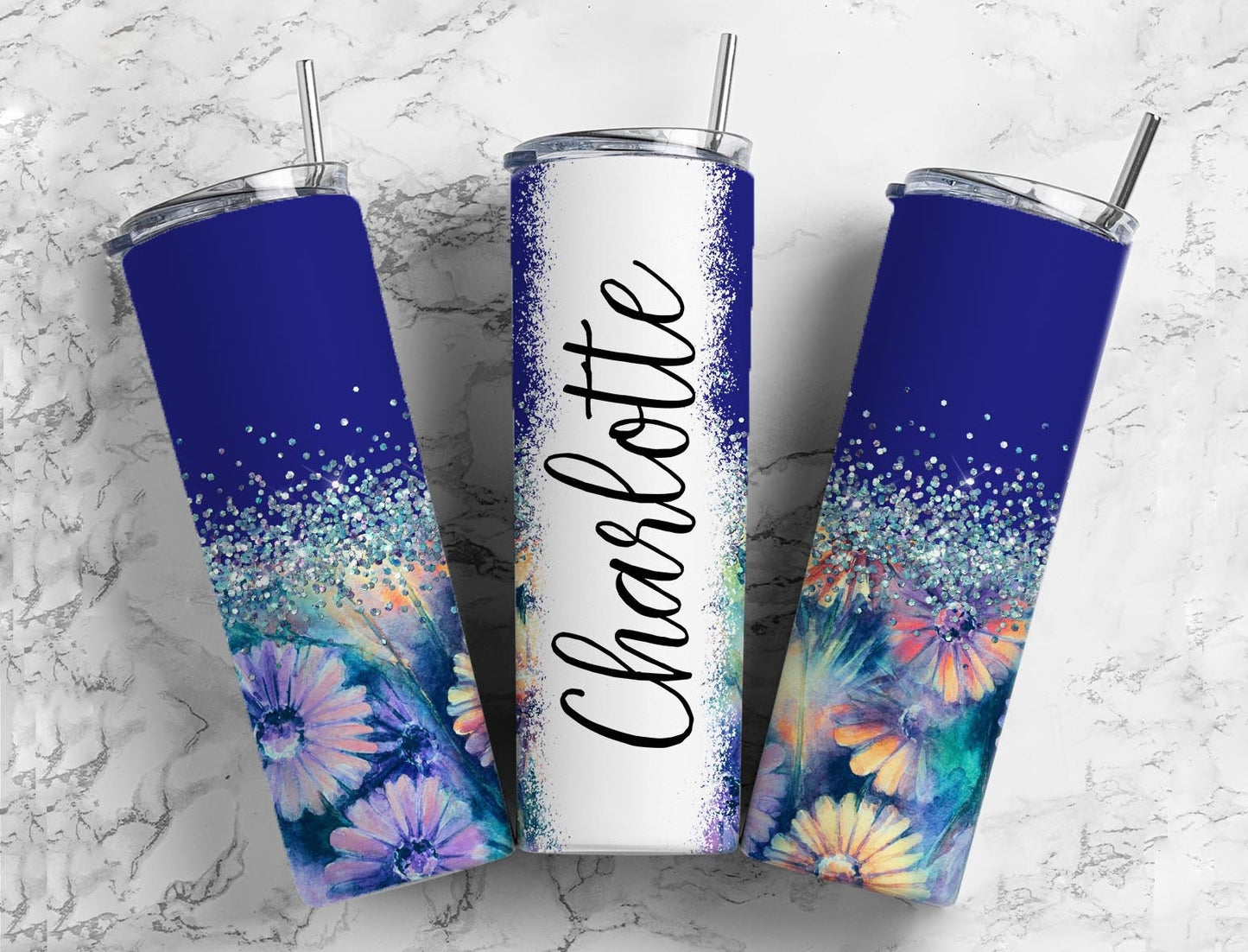 Botanical Boho 20oz Sublimation Tumbler Designs, Iridescent Glitter Blue 9.2 x 8.3” Straight Skinny Tumbler Wrap PNG