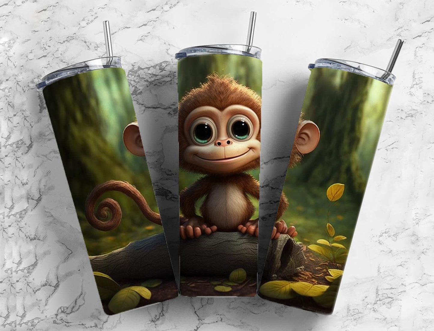 Cartoon monkey 20oz Sublimation Tumbler Designs, Forest jungle 9.2 x 8.3” Straight Skinny Tumbler Wrap PNG