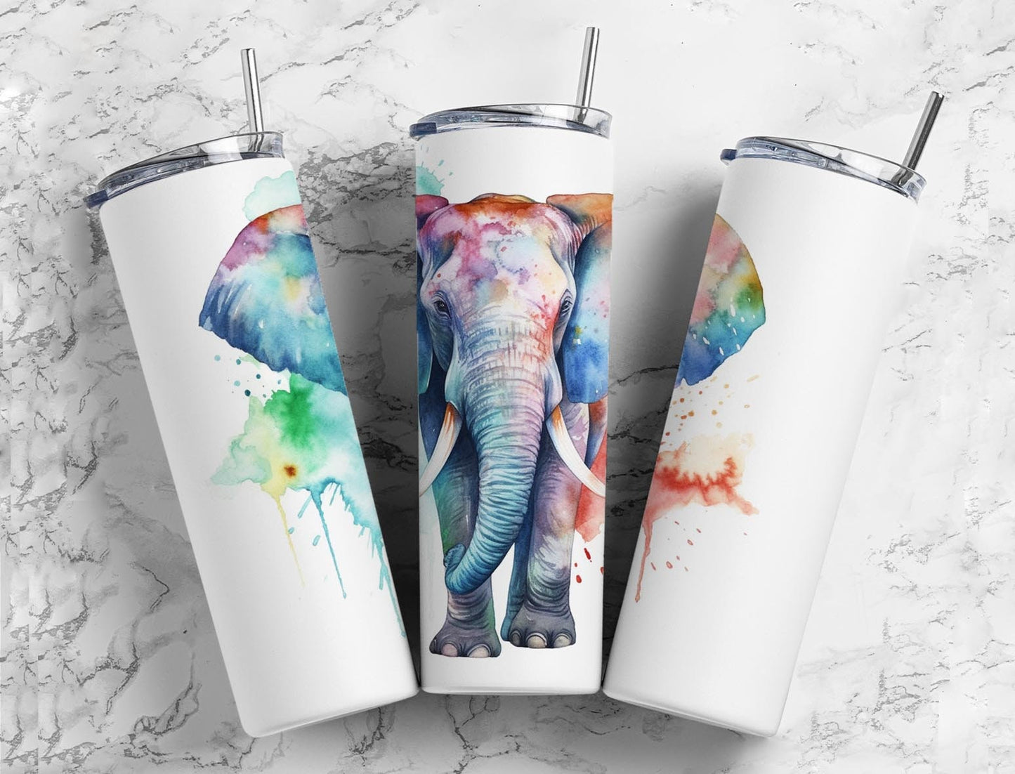 Colorful elephant 20oz Sublimation Tumbler Designs, paint splatter 9.2 x 8.3” Straight Skinny Tumbler Wrap PNG