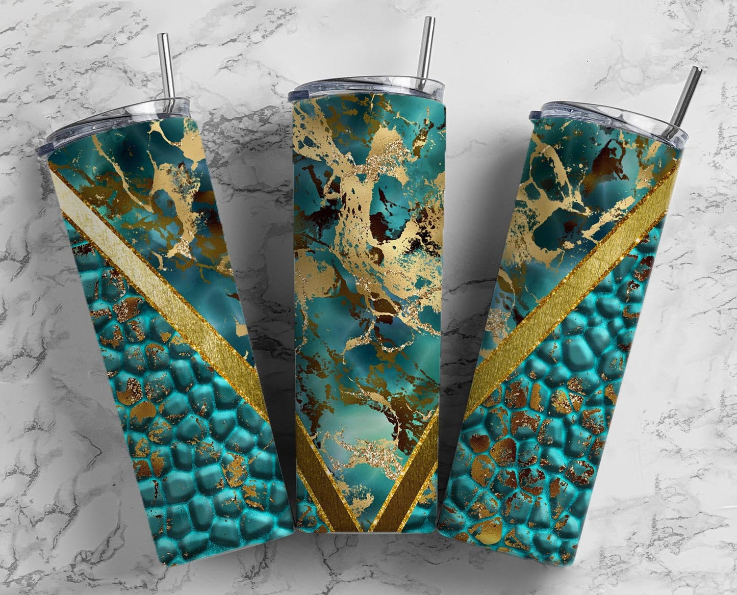 Turquoise Gold 20oz Sublimation Tumbler Designs, Gold Leaf V Split 9.2 x 8.3” Straight Skinny Tumbler Wrap