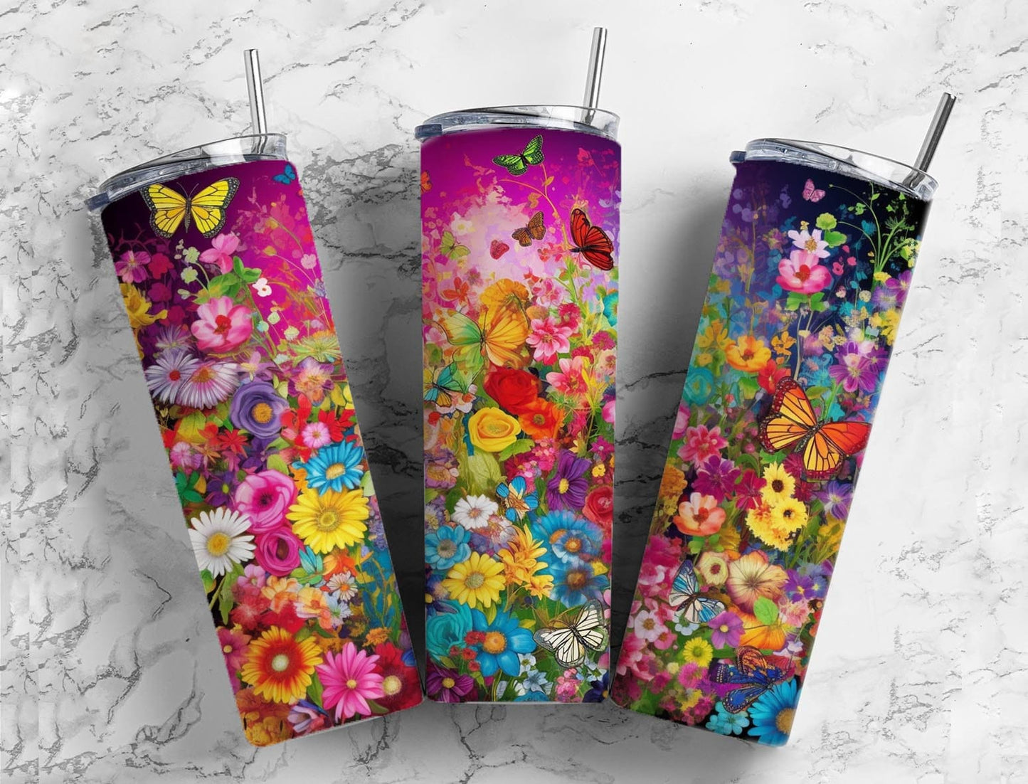 Rainbow butterfly 20oz Sublimation Tumbler Designs, Garden floral 9.2 x 8.3” Straight Skinny Tumbler Wrap PNG