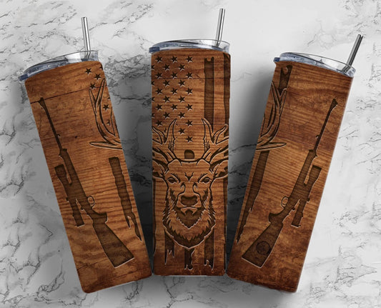 Engraved Deer Hunting 20oz Sublimation Tumbler Designs, Woodgrain Man 9.2 x 8.3” Straight Skinny Tumbler Wrap PNG, Flag Tumbler, Gun PNG