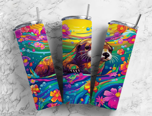 Colorful sea otter 20oz Sublimation Tumbler Designs, Rainbow floral 9.2 x 8.3” Straight Skinny Tumbler Wrap PNG