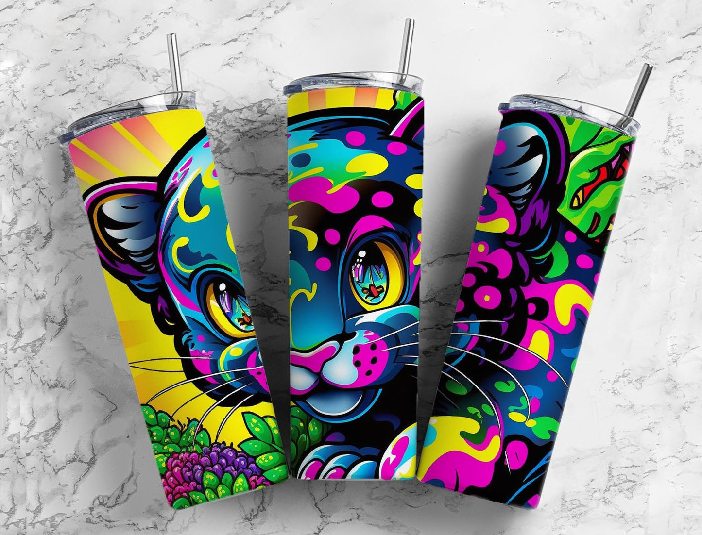 Cartoon panther cub 20oz Sublimation Tumbler Designs, Colorful rainbow 9.2 x 8.3” Straight Skinny Tumbler Wrap PNG