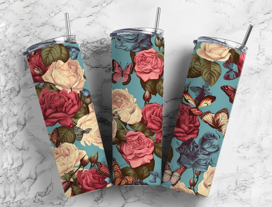 Butterfly roses 20oz Sublimation Tumbler Designs, Pink and blue floral 9.2 x 8.3” Straight Skinny Tumbler Wrap PNG